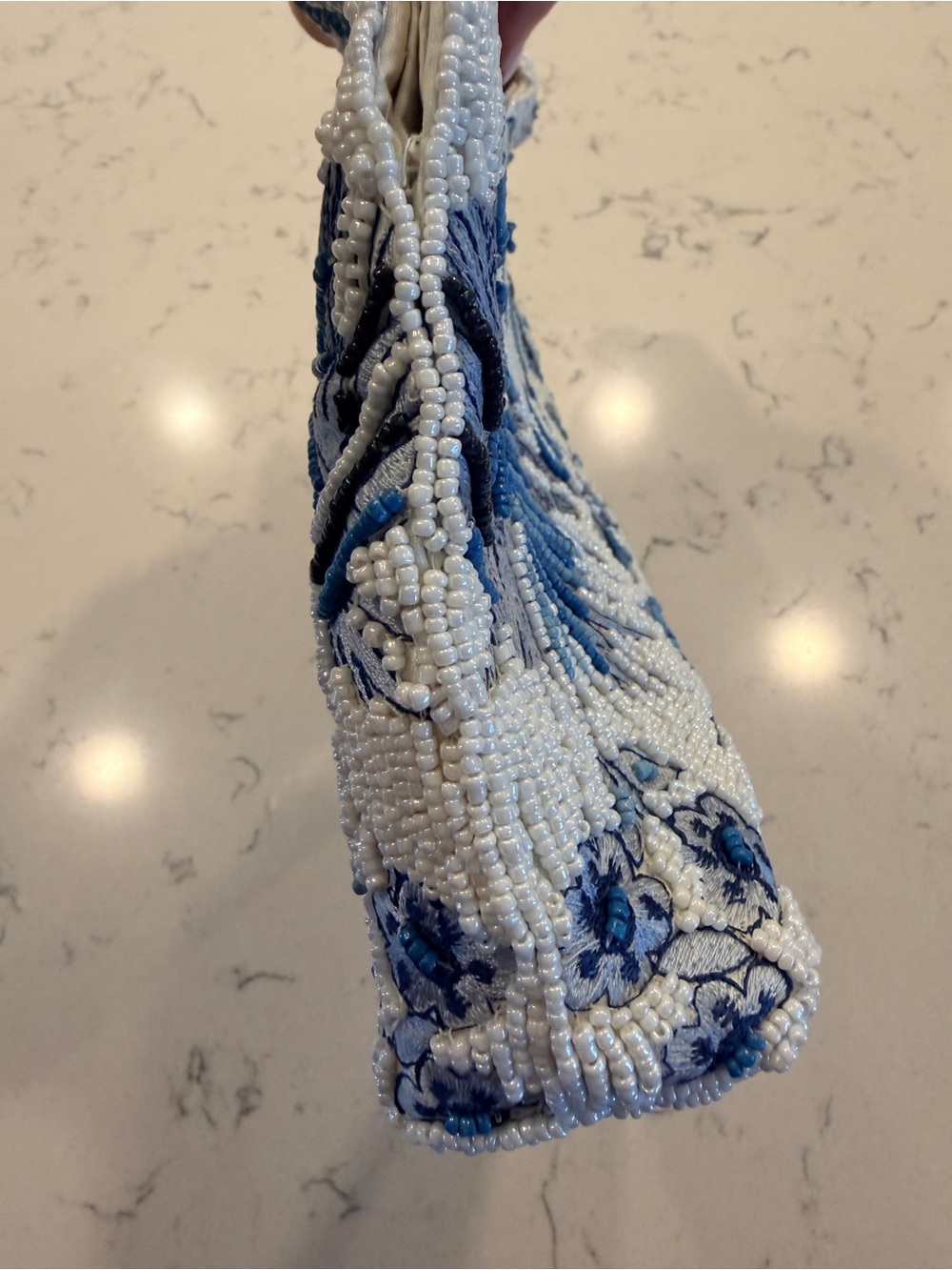 Viral Beaded Floral Handbag with Bamboo Handle - Blue & White - Picture 8 of 8